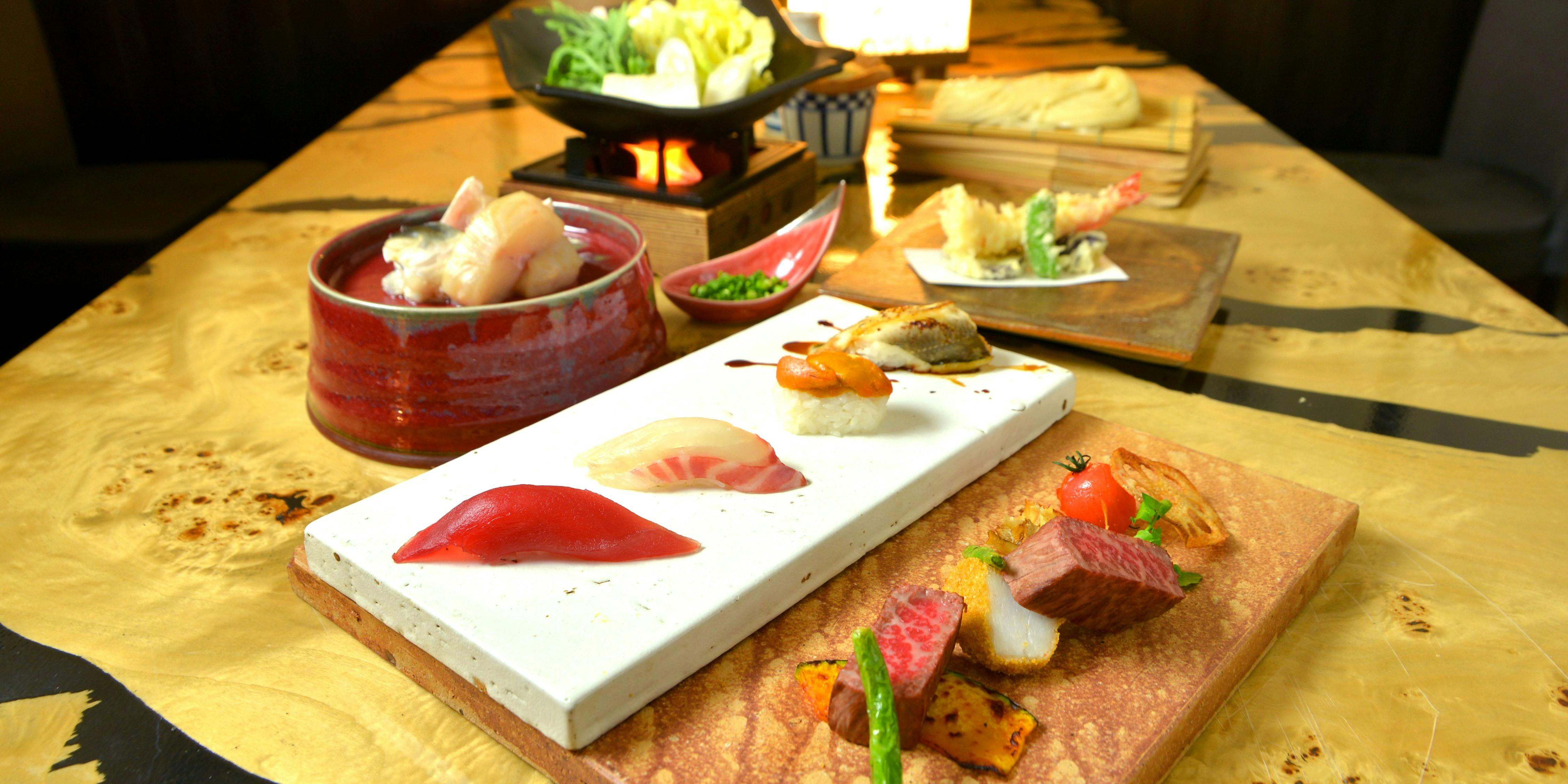 【ディナー】赤城コース 7品 / 握り鮨・お造り・焼物・天麩羅・細打ちうどん・甘味など
