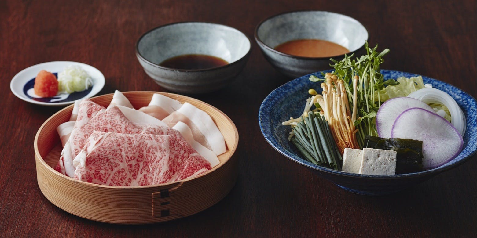 【DINNER】야채 무제한/야마가타 소고기(120g)와 요네자와 돼지고기(80g) 샤부샤부