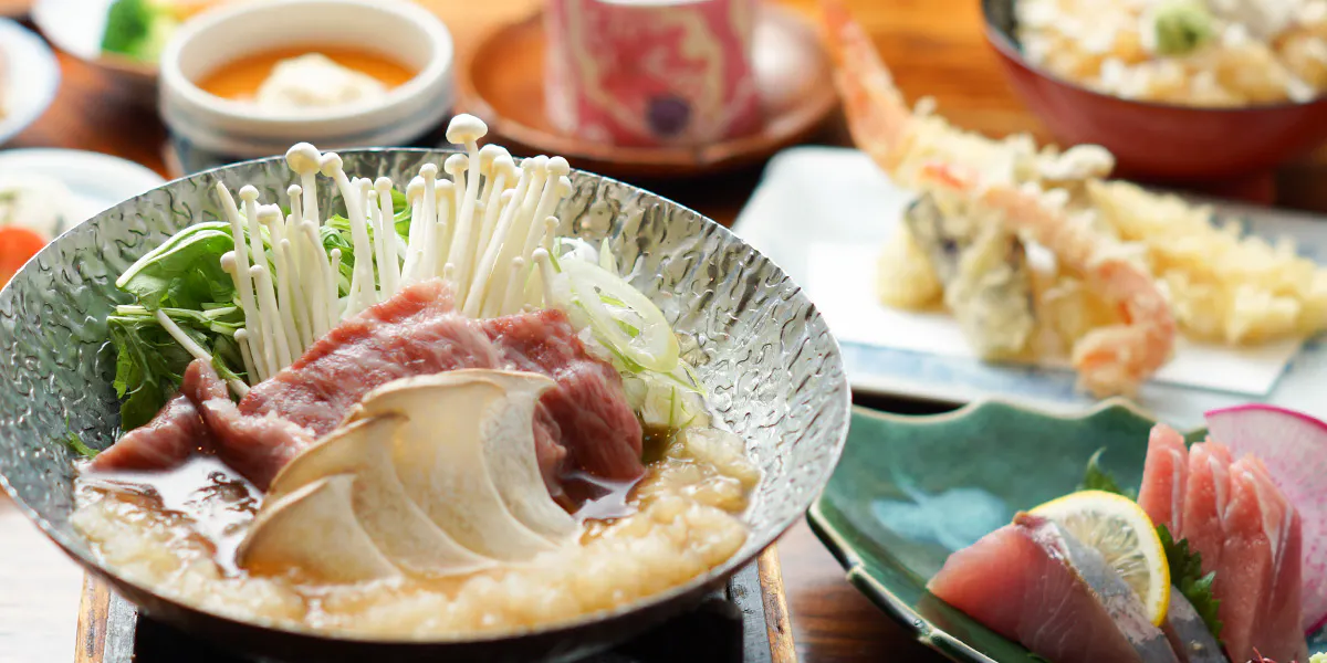 [Banquet] Matsutake Mushroom and Japanese Black Wagyu Mizore Hot Pot 6 Dishes / Tempura, Sashimi, and More