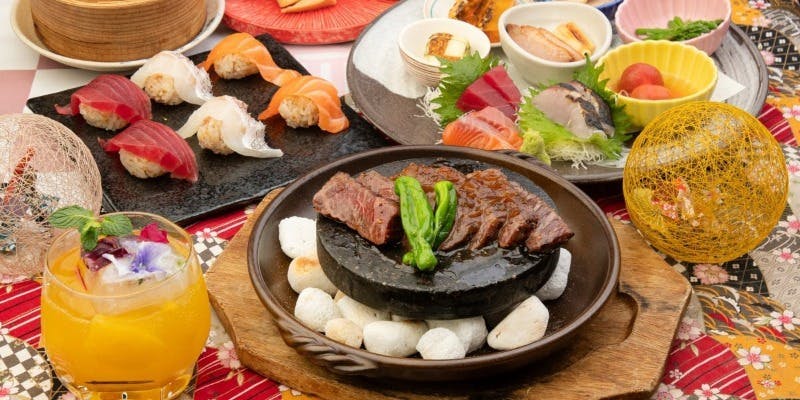 絶品！和牛ステーキ、名物！海鮮てまり寿司、お造り八寸など豪華！全13品