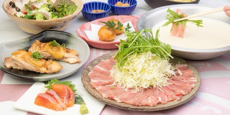 七品目サラダ、旬魚のお造り、豆乳水晶しゃぶしゃぶを味わう創作和食　全6品
