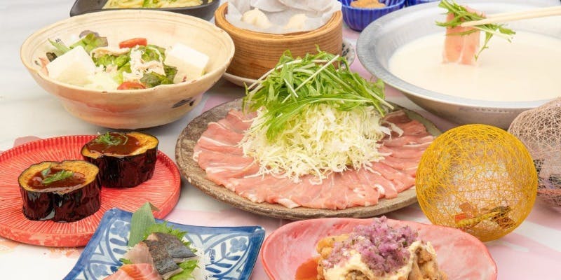 豆乳水晶しゃぶしゃぶ、若鶏の彩り南蛮タルタル、肉汁たっぷり小籠包など全8品