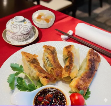 【オリエンタルウィーガン ウィーガンエビ(またはイカ)大葉棒餃子コース】 5,000円(税別) メインは人気の棒餃子4個 全6品