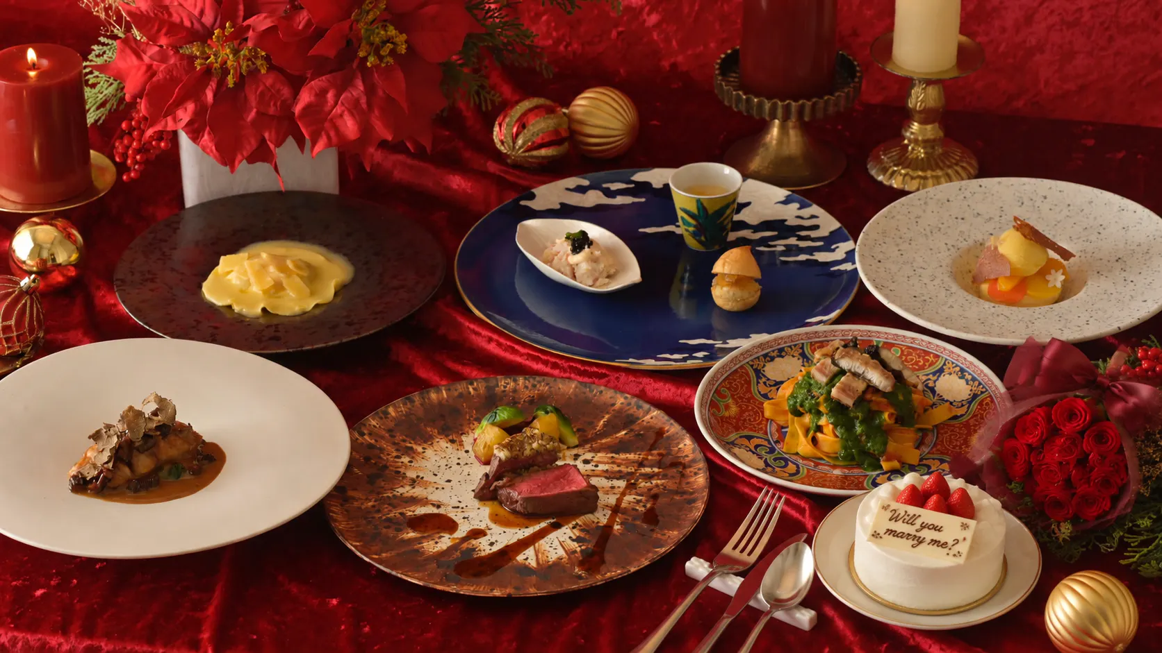 12月19日、20日、24日、25日【Xmasプロポーズプラン】完全個室で!コース+ホールケーキ+バラ12本付