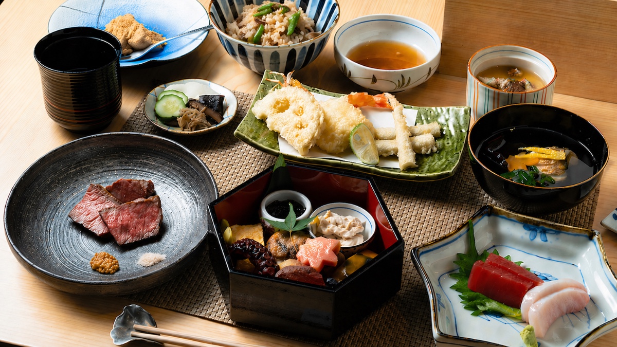[Kuroge Wagyu Steak Lunch] Otsukuri, Hassun, Tempura, Charcoal-Grilled Kuroge Wagyu Steak, Seasonal Donabe Rice, and 7 dishes in total