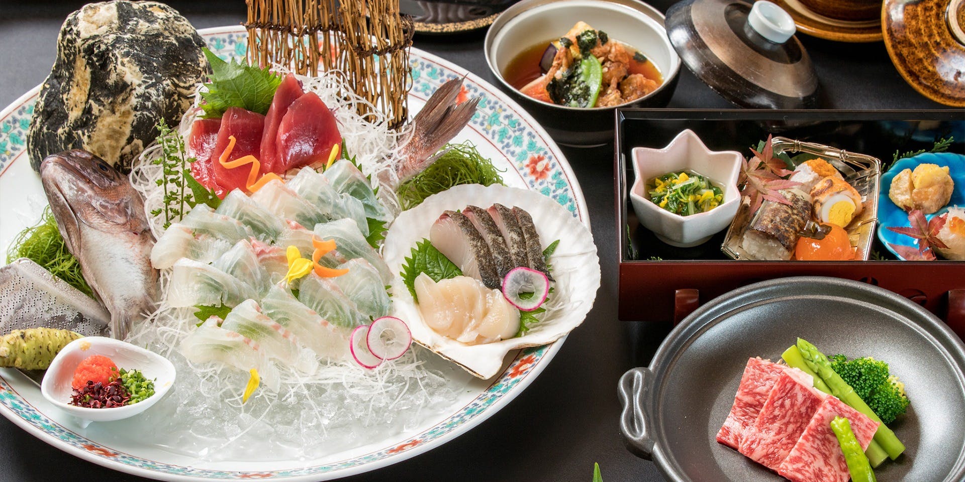 （ご接待・誕生祝）活魚会席【羽衣】「真鯛姿造り」や国産牛リブロース他、旬の味覚を気軽に楽しめる 全7品