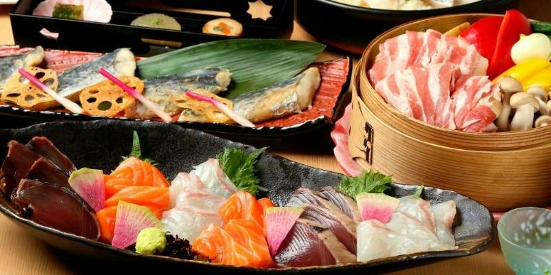 12月【朱音コース】造里三種盛り、黒豚と彩野菜の蒸籠蒸しなど全9品