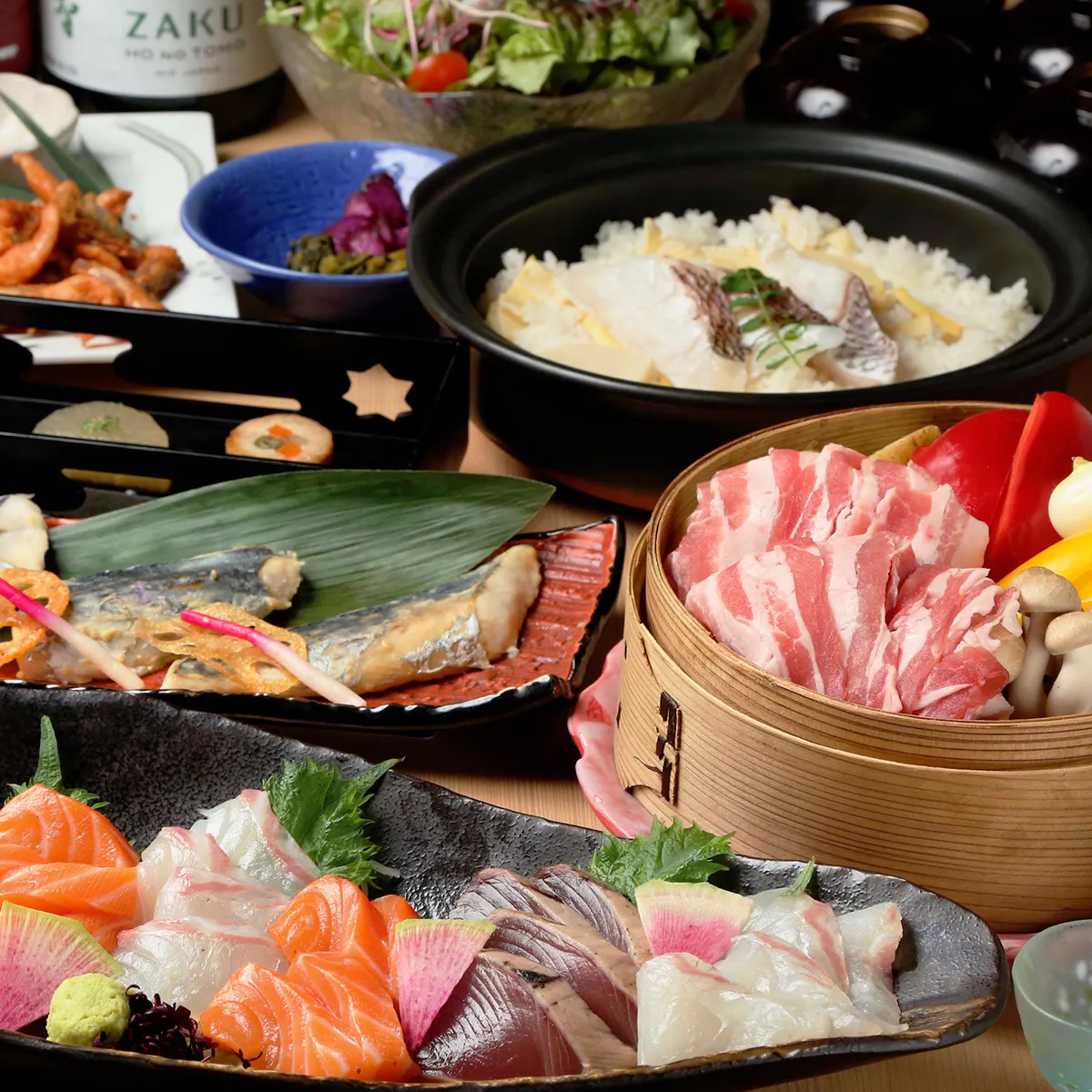 【朱音套餐】三種生魚片、夏鰈幽庵燒、黑豚與繽紛蔬菜蒸籠蒸等共9道菜