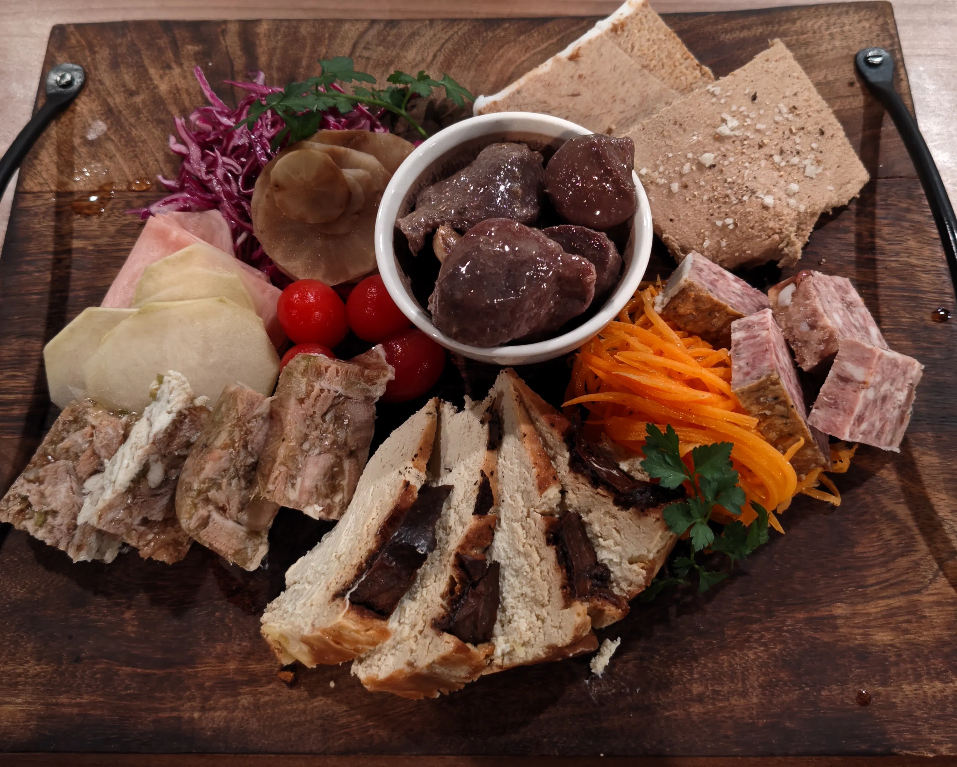 [Charcuterie Course] Black Abalone Mushroom Confit, Assorted Game Charcuterie, Savory Adult Basque Cheesecake, Game Dishes