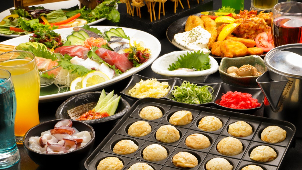 【셀프 타코야키 뷔페(무한리필)】개별실에서 즐기는 타코야키 파티와 이자카야 요리 총 89종