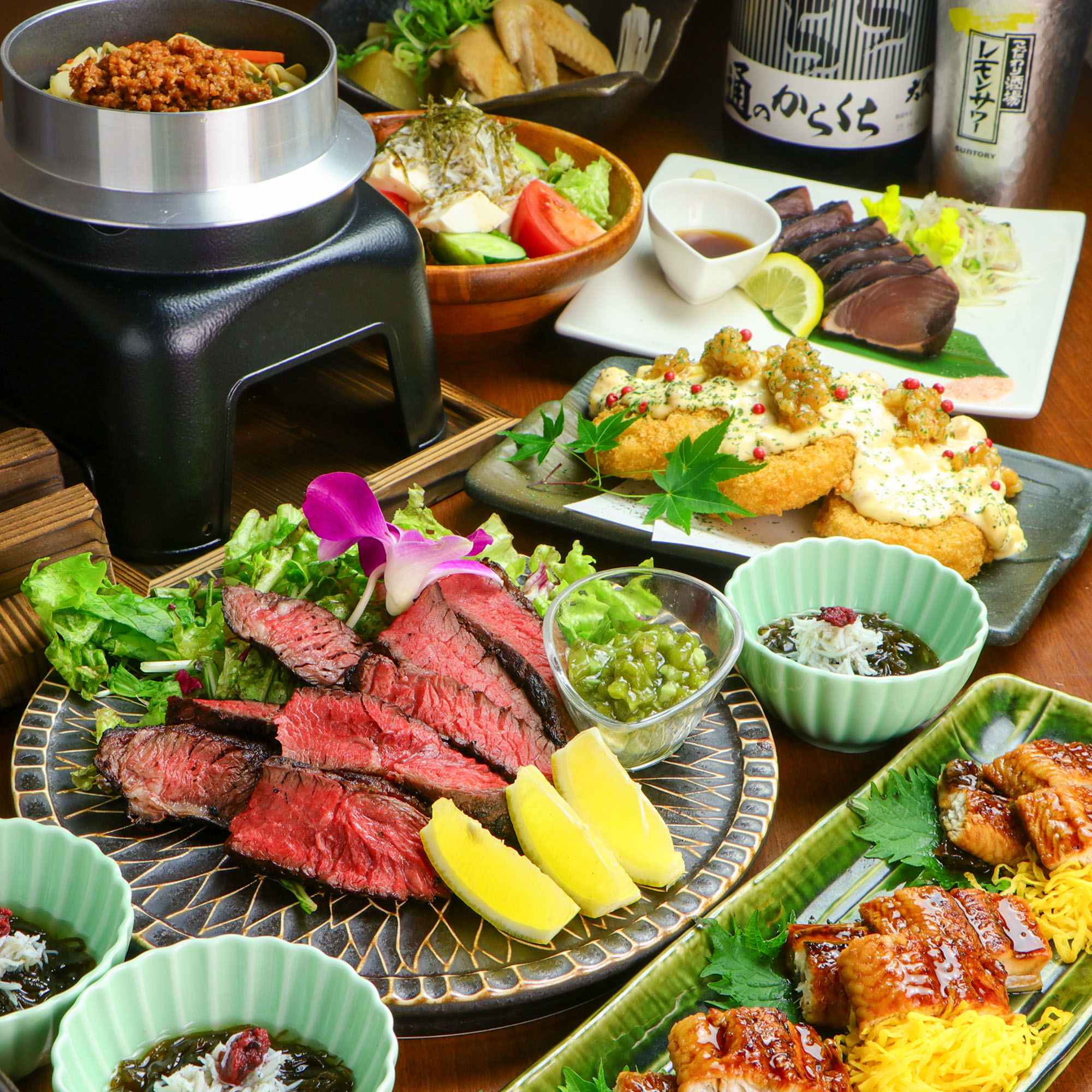 【田辺コース】鰹のたたき×牛ハラミの豪快焼き等＜全9品＞