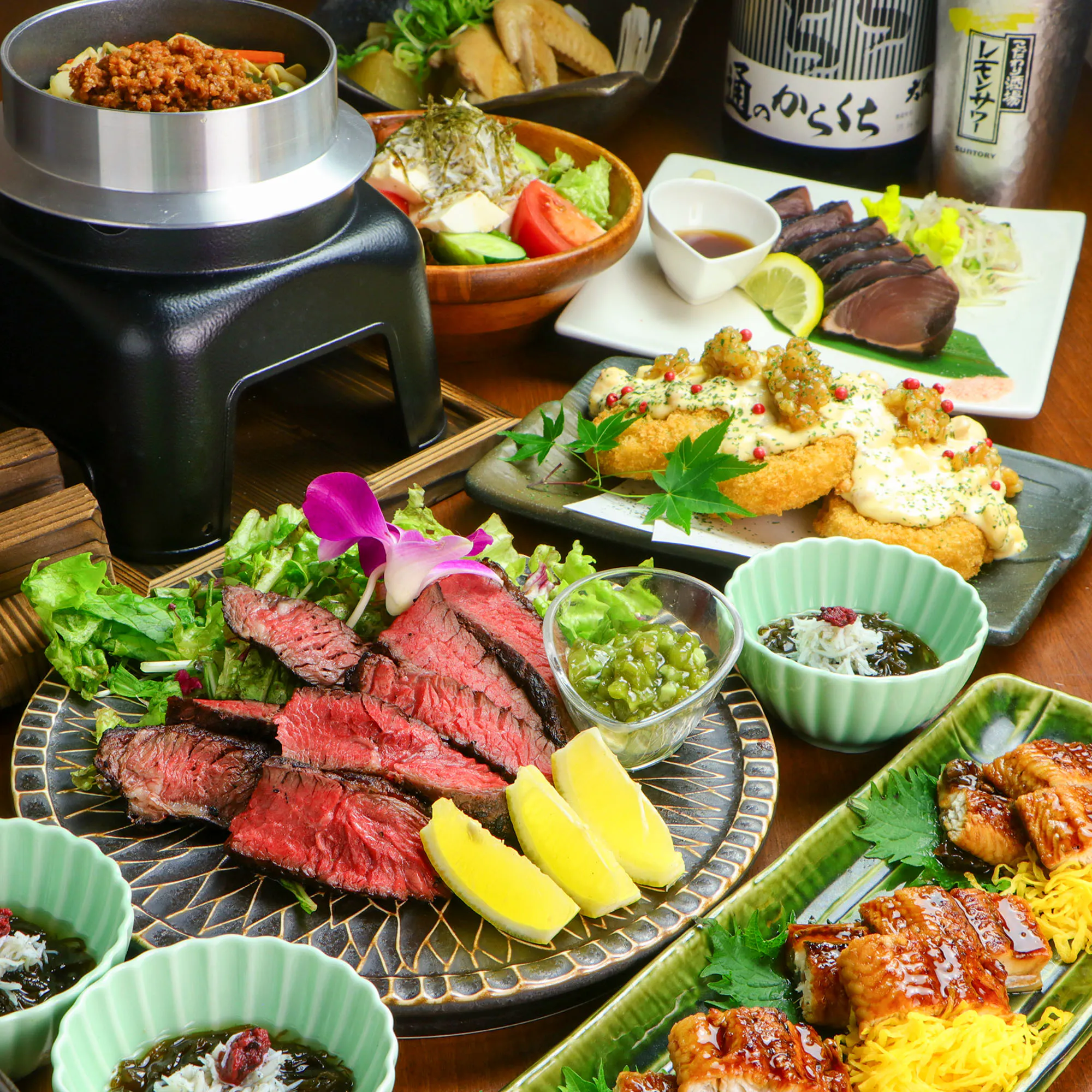 【田辺コース】鰹のたたき×牛ハラミの豪快焼き等＜全9品＞
