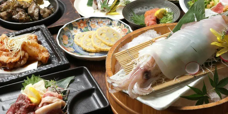 【九州巡遊套餐】朝〆魷魚整尾生魚片×季節蔬菜薩摩炸魚餅
