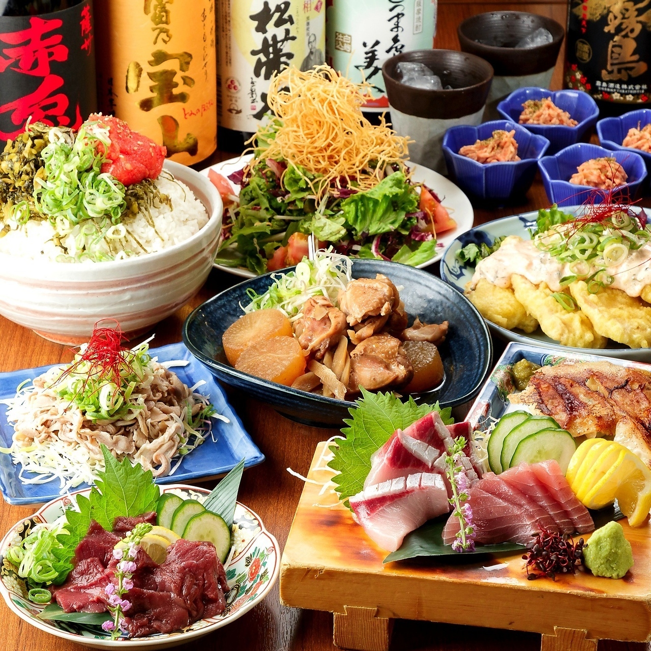 [Hearty Course] Horse Sashimi × Mentaiko Chicken Nanban × Simmered Chicken and Daikon, 9 Dishes