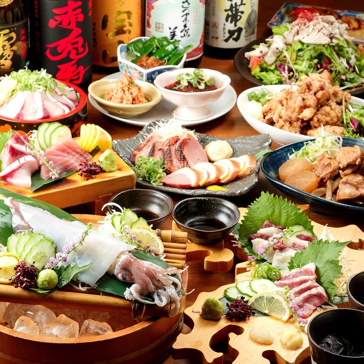 [Kyushu Delights Course] Whole Sliced Kensaki Squid × Assorted 3 Kinds of Horse Sashimi, 11 Dishes