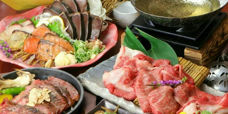 【와카야마 돼지고기와 와규 샤부샤부 나베 코스】칸부리 짚불구이 등