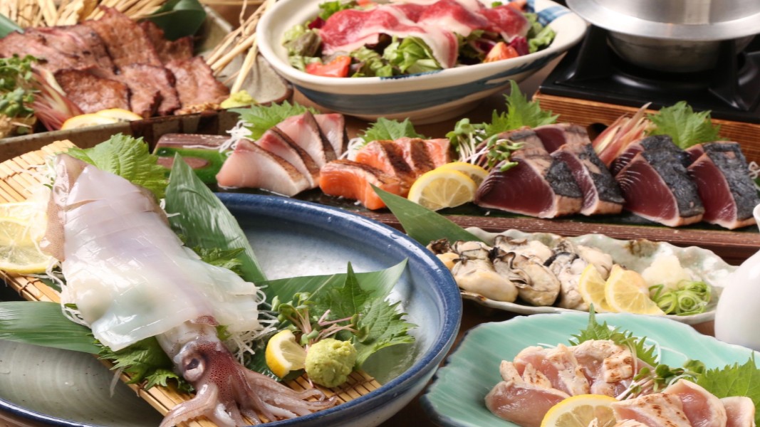 【藁笑套餐】呼子朝宰烏賊整隻生魚片×炭烤牛舌／10品
