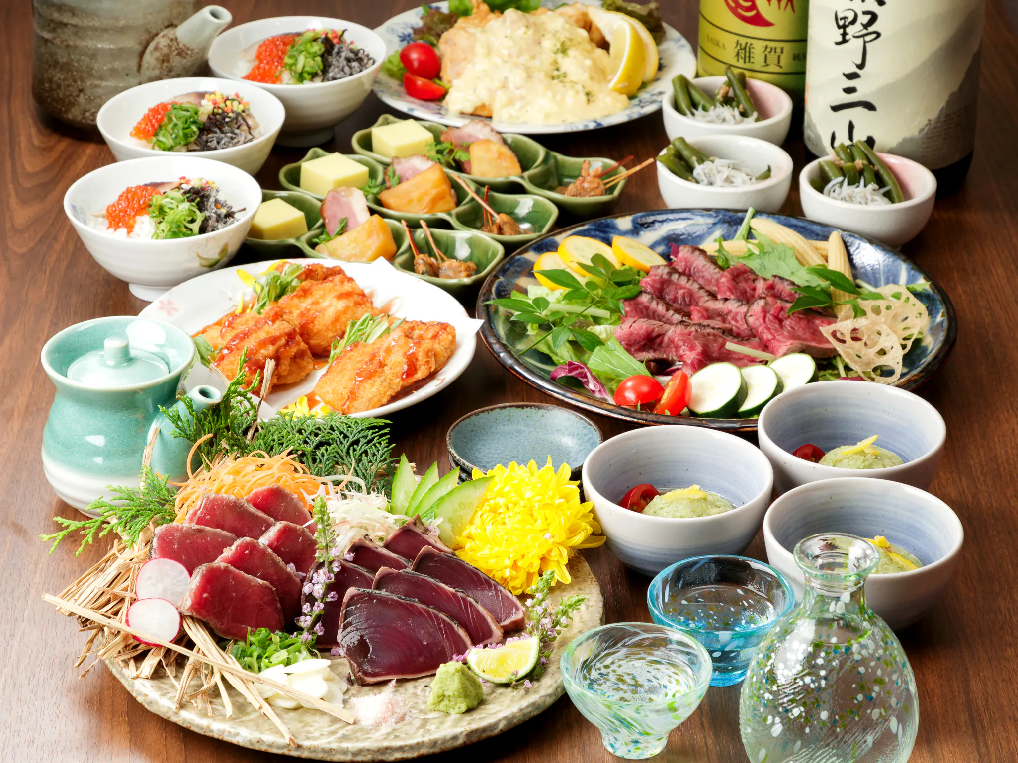 【松コース】カツオ＆マグロ×黒毛和牛の豪快藁焼きたたきなど全8品