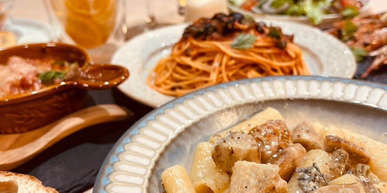 【パパスタ ライトコース】ホルモン煮込み＆赤海老のグリル、おすすめのパスタなど 全6品＋2時間飲み放題
