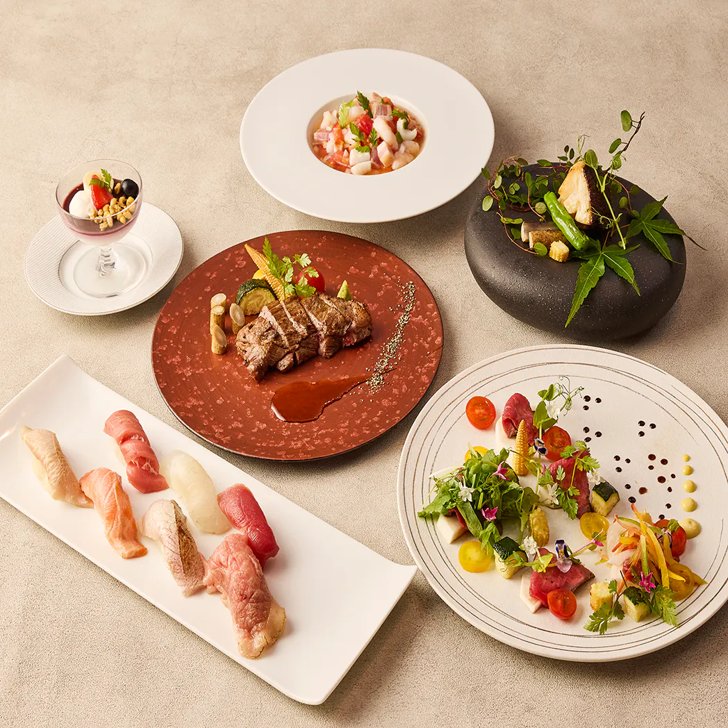 <New Dinner> 6-course “Miyabi” meal featuring luxurious delights such as truffle-flavored roast beef, saikyo-yaki black cod, and authentic nigiri sushi