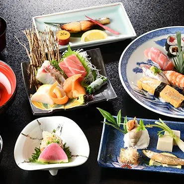 [Evening Course] Okiyama 15,400 yen: Appetizer, Sashimi, Grilled Dish, Small Side Dish, 6 Pieces of Nigiri Sushi, Miso Soup, Fruit
