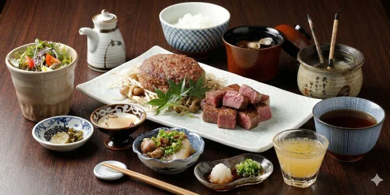 [W Set Meal] 200g Bimei Pork Hamburger Steak and 60g Kuroge Wagyu Diced Steak (7 dishes total)