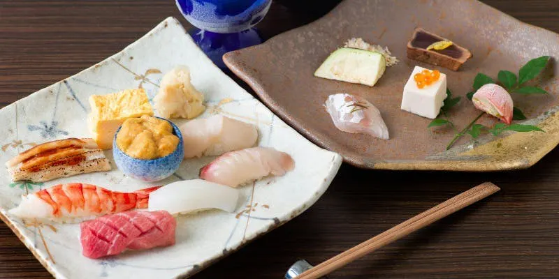 Seasonal Hassun and Sushi Kaiseki: Five-course meal featuring seasonal hassun, eight kinds of nigiri sushi, appetizer, and dessert