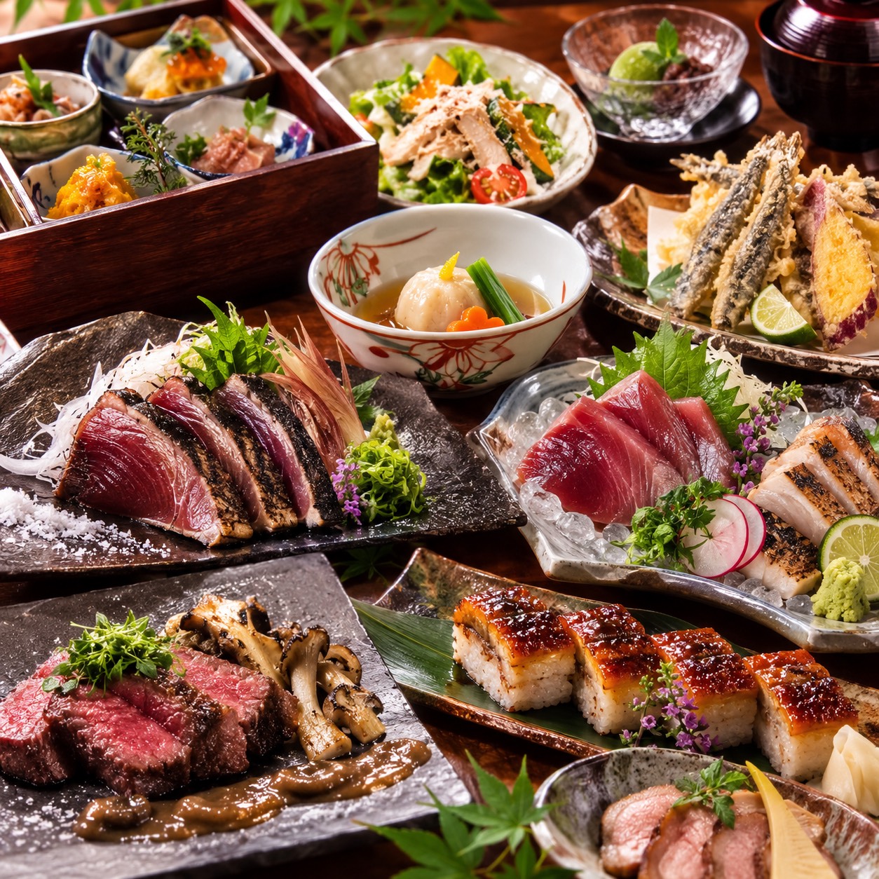 【9月～11月】鰹の藁焼き×鰹のお造り×鮪の藁焼き 豪華3種合盛り　安芸の舞コース（2時間飲み放題付き）
