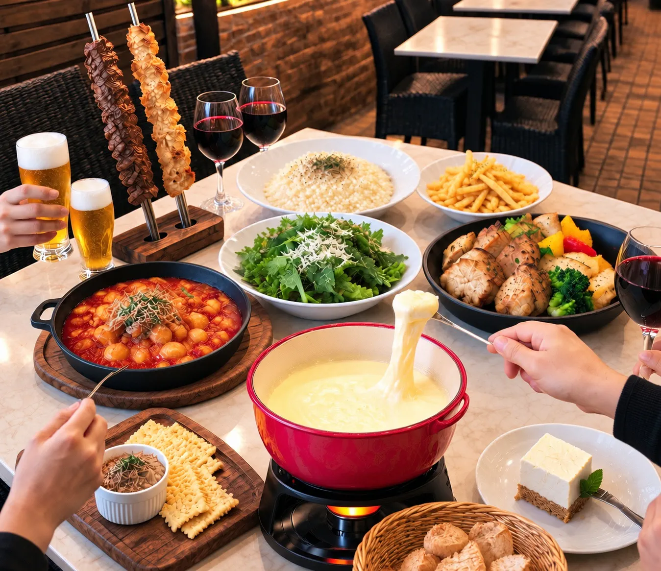 【テラス限定シュラスコ2種&濃厚チーズフォンデュコース全9品】2時間飲み放題付き 5,000円